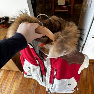 Red and White Womens Fur-Trimmed Vest